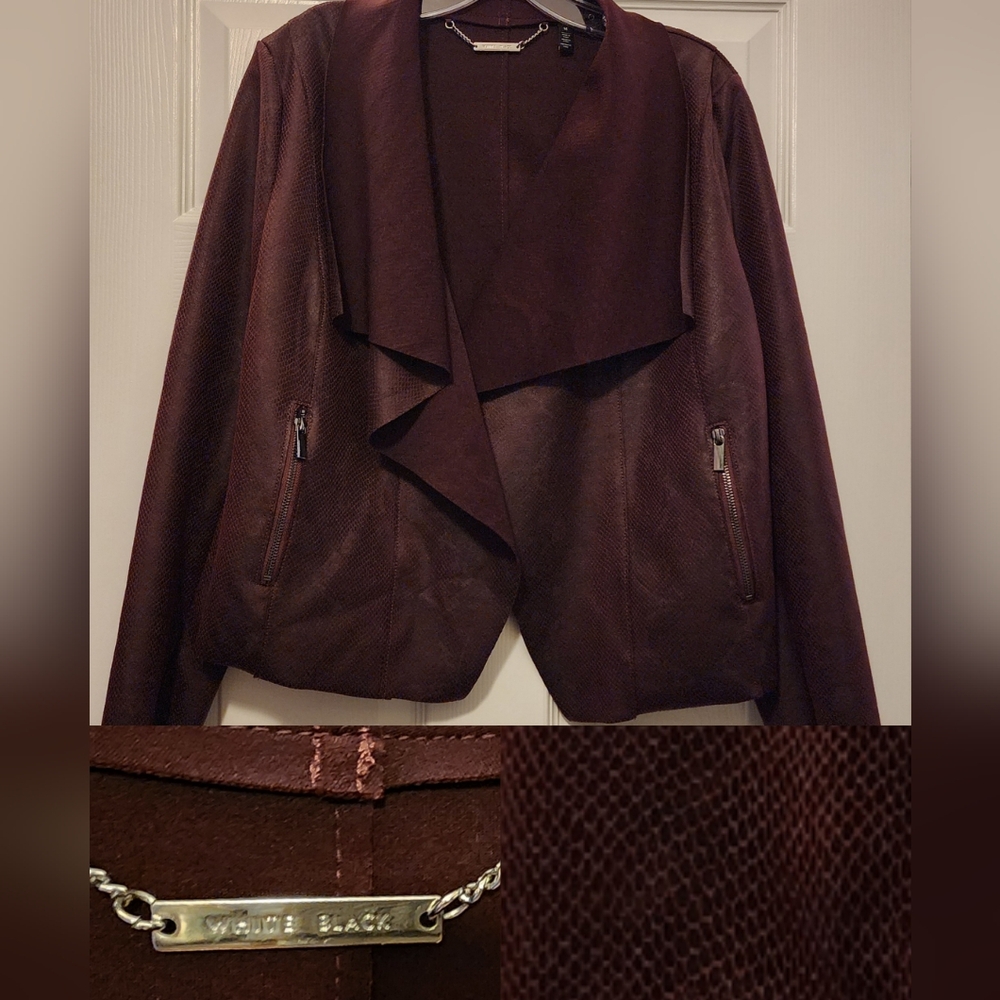 White House Black Market Drape Front Faux-Leather Moto Jacket • Cabernet • M